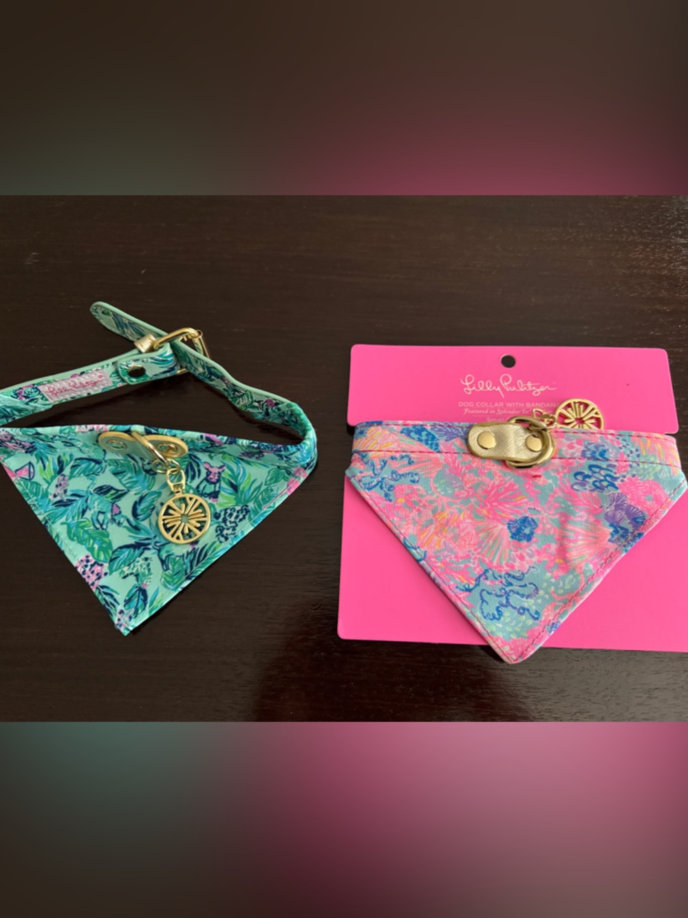 Lilly Pulitzer Aqua and Pink Floral Triangle dog collars size small medium